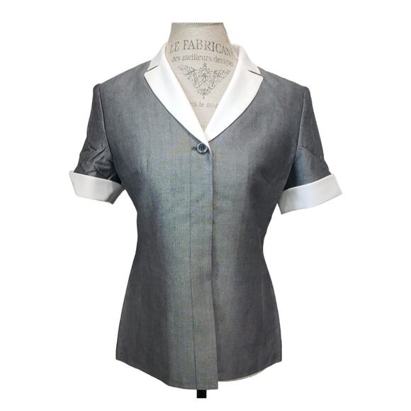 Kasper A S L Petite Gray & White Short Sleeved Hidden Button Up Blazer Shirt - Picture 1 of 10